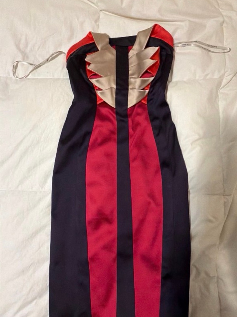 Karen Millen Strapless Satin Colorblock Sheath Dress in Red, Black and Champagne